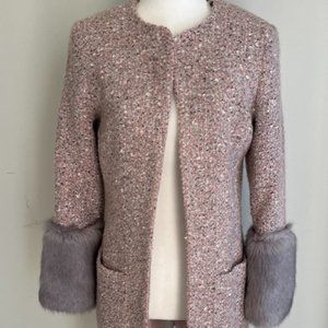 NWT Helene Berman of London Pink Tweed Coat w/ Gray Faux Fur Cuffs. Size -XS